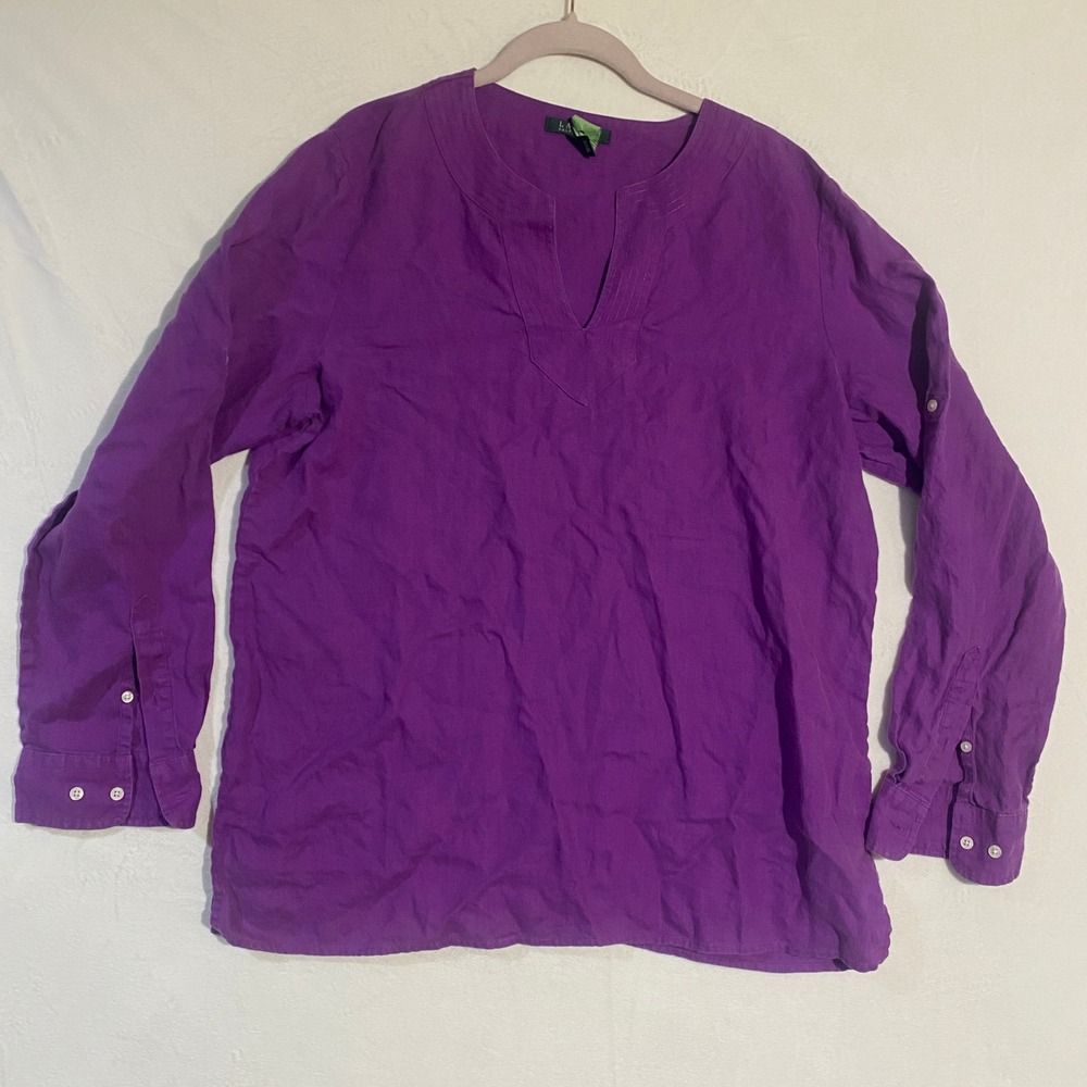 Lauren Ralph Lauren Purple 100% Linen Roll Tab Sleeve Tunic Top XL